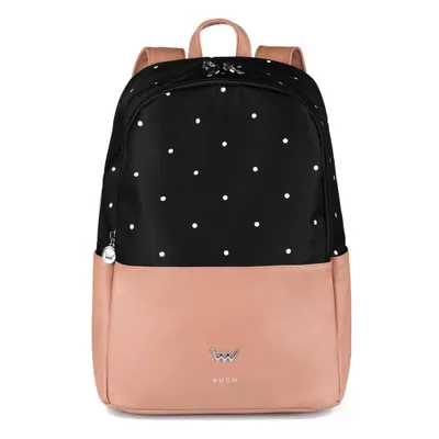 A studio shot of a polka dot backpack with a pink bottom.
