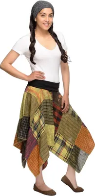 Produktbild von Rock Zipfelrock Patchwork Elfenrock Hippie Goa Psy Midi Mittelalter Knielang Sommerrock Fleurs, grün L/XL