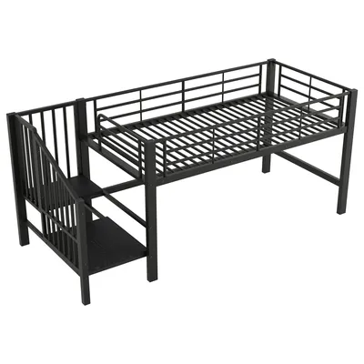 Produktbild von okwish Hochbett 90x200 Jugendbett ohne Matratze,Bettgestell mit integrierte Stauraumtreppe,Kinderbett Einzelbett mit stabilen Metallrahmen,Schwarz