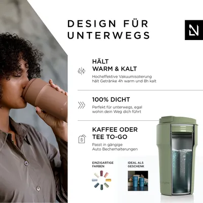 Obrázek produktu pro LARS NYSØM Thermo Coffee Mug-to-go 500ml | Cestovní hrnek 0,5 litru bez BPA s izolací | Nepropustný termohrnek z nerezové oceli na kávu a čaj na cesty | Hrnek na čaj 500ml Sage