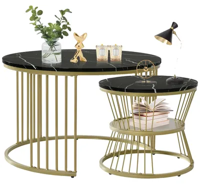 Image de Table basse, design rond, moderne et empilable, noir et or-B