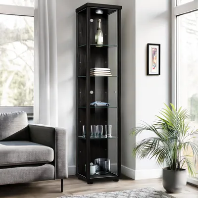 Immagine prodotto di K-Möbel Vetrina verticale in vetro nero (176x37x33 cm) con 4 ripiani in vetro regolabili in altezza e LED - Vetrina da terra - Vetrina da esposizione - Vetrina da collezione