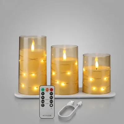 Image de Bougies LED décoratives avec télécommande, rechargeables, lot de 3, 7,5 x 10/12/15 cm