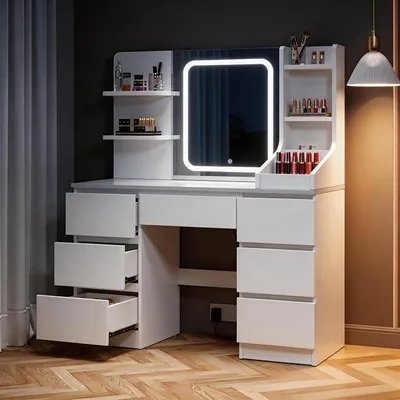Produktbild von Große Schminktisch mit Beleuchtung und LED Verstellbaren Helligkeit, Schminktische mit Spiegel und 7 Schubladen, 7 offenen Ablagen, für das Schlafzimmer 110x40x140cm, Weiß