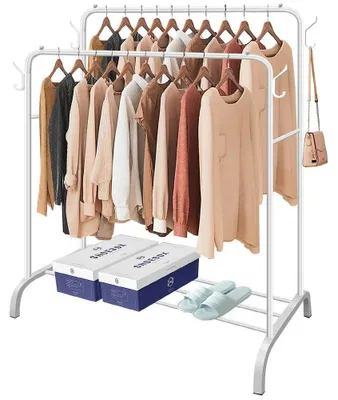 Produktbild von Kleiderständer - Freistehende Garderobe - Metall-Kleiderstange mit Seitenhaken - 110x53x150 cm - Für Schlafzimmer und Büro - Weiß
