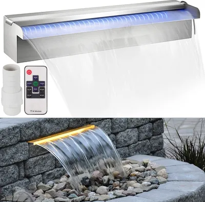 Obrázek produktu pro VEVOR nerezový vodopád do bazénu - 45 x 11,5 x 8 cm (17,7 x 4,5 x 3,1 palce) obdélníkový bazénový vodopád s LED světelným páskem, vyrobený z nerezové oceli