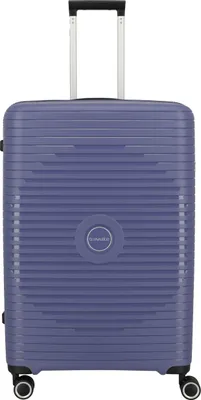 A studio shot of a purple suitcase.