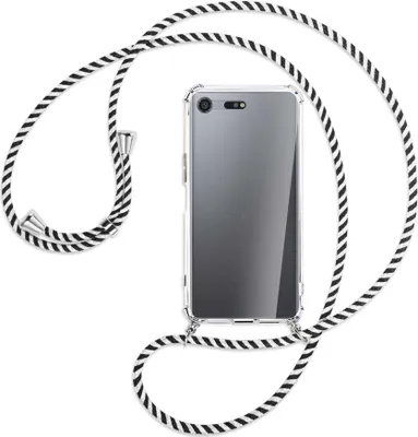 Produktbild von Handykette Backcover-Schutzhülle mit Band (Metall silberfarben) für Sony Xperia XZ Premium - schwarz/weiß gestreift