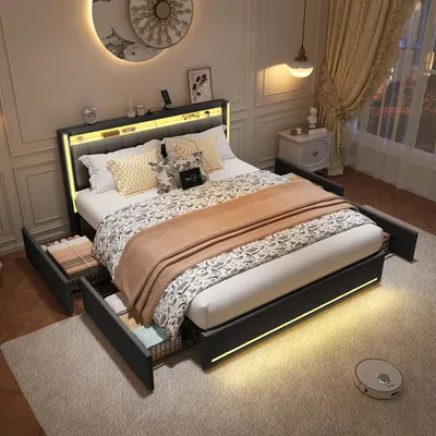 Immagine prodotto di Letto imbottito con contenitore - 4 cassetti - Illuminazione LED - Porta USB - Rivestimento in lino - 140 x 190 cm - Grigio scuro