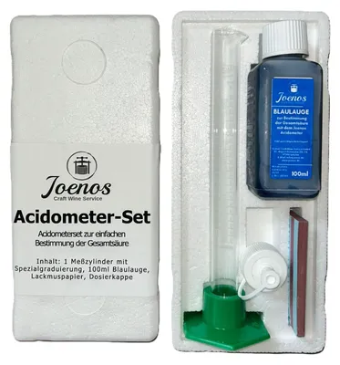 A product shot of an acidometer set for wine testing, laid out in white packaging.