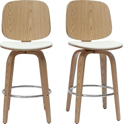 Produktbild von Miliboo - Design-Barhocker drehbar weiß und helles Holz H66 cm (2er-Set) BECK