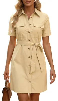 Produktbild von Allegra K Safari-Kleid für Damen, Kragen, Kurze Ärmel, Baumwolle, Gürtel, Button