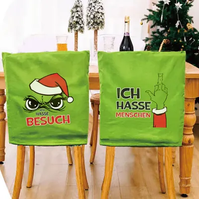 Produktbild von 6-tlg. Set Stuhlhussen "Festtags-Muffel" mit frechen Anti-Weihnachtsmotiven - Stuhlhussen für Weihnachtshasser - Ich hasse Weihnachten Stuhlhussen - Freche Stuhlhussen für Weihnachten