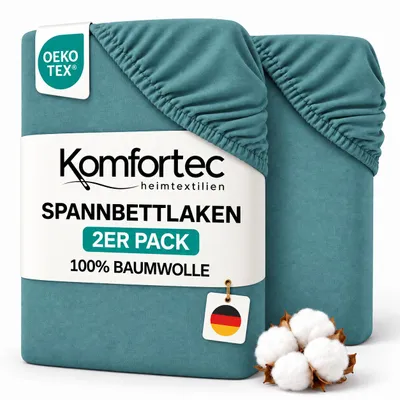 Produktbild von Komfortec 2er Pack Jersey Spannbettlaken 140x200 cm, 100% Baumwolle, Doppelpack Spannbettuch, Dunkelgrün