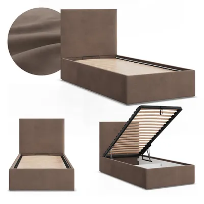 Produktbild von Einzelbett 90x200 Polsterbett PAOLA mit Bettkasten, hochklappbarer Lattenrost, Stauraum, Braun