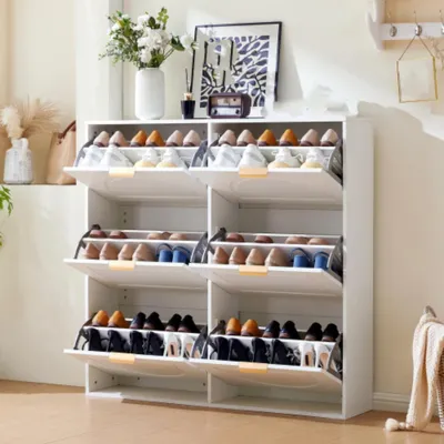 Produktbild von Schuhschrank, Schuhkommode mit 6 Klappenfächern,Schuhregal, offenen Ablageflächen,für Eingangsbereich oder Flur