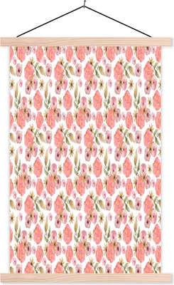Produktbild von MuchoWow® Textilposter Blumen - Rosa - Muster - Aquarell 120x180 cm mit holzfarbenen Rahmen - Textil-Plakat