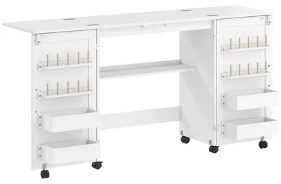Produktbild von Klappbarer Nähtisch mit 2 Magnettüren, rollbarer Basteltisch mit 4 Boxen, 20 Haltestiften, Ablagefach, Weiß
