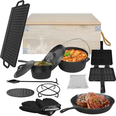 Produktbild von TWOLIIN 12-teilig Dutch Oven Set in Holzkiste mit Dutch Oven viel Zubehör Gusseisen, bereits eingebrannt - Inkl. Kochtopf Grillplatte Stieltopf Pfanne Deckelheber Untersetzer Handschuhe