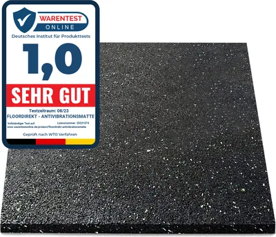A close-up view of a black anti-vibration mat with flecks of white and gray, with a product rating badge in the upper left corner.