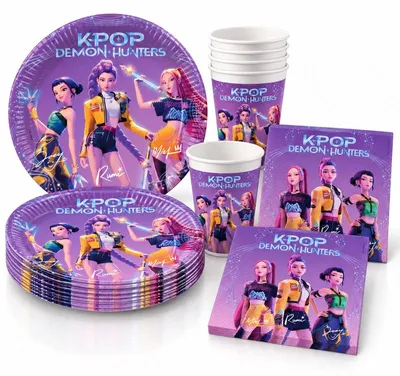 Produktbild von Procos - KPop Demon Hunters Geburtstagsdeko, 52-teilig, Pappteller, Becher und Servietten für Kindergeburtstag, Partygeschirr