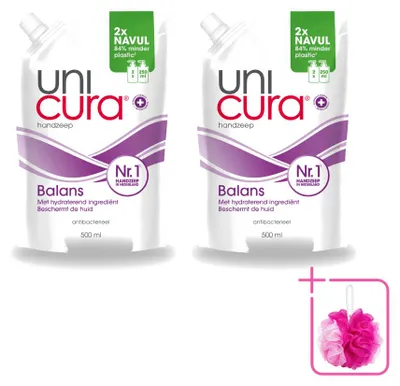 Imagen del producto de 2 unidades de jabón antibacteriano líquido para manos Unicura Balans, recambio de 500 ml - Paquete económico - 2 unidades