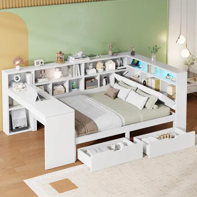Produktbild von Flieks Klassisches Bett Tagesbett 140x200cm mit Schreibtisch und Regal, Jugendbett Stauraumbett mit Led, Ladefunktion und 2 Schubladen, Weiß