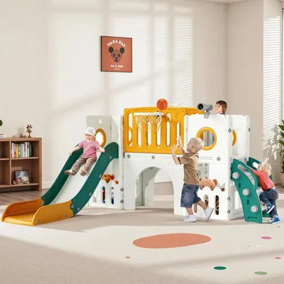 Produktbild von Kinderrutsche - 9-in-1 Kletter- und Spielset - Indoor und Outdoor Spielplatz - Mit Basketballkorb, Ball und Teleskop - Für Kinder 3–6 Jahre - Gelb-Grün
