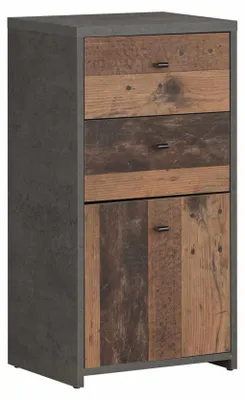 Kommode BEST CHEST K211 in Gesamtansicht mit dunkelgrauem Betonkorpus, Old Wood Vintage-Front und vier Schubladen.