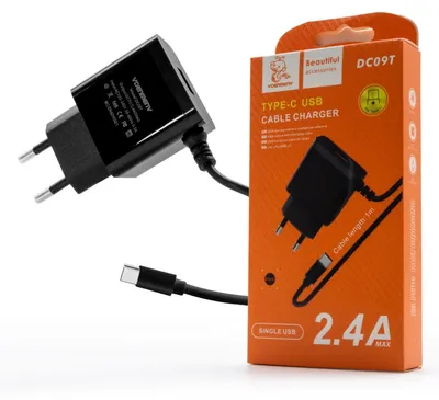 Zdjęcie produktu dla Denmen Czarna Ładowarka Sieciowa Usb + Kabel Typ-C Dc09T-W