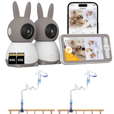Image de Babyphone avec 2 caméras et APP 2K/5,0 pouces WLAN Babyphone avec écran partagé PTZ 4× Zoom Vision nocturne IR Suivi automatique avec 2*supports avec 32&64G