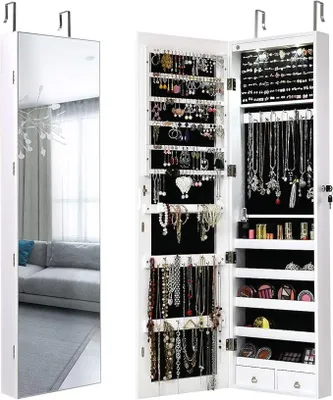 Produktbild von Schmuckschrank hängend mit LED, Spiegelschrank Ganzkörperspiegel, Schmuckregal Schmuckkommode abschließbar, Hängeschrank Türmontage & Wandmontage, Wandschrank für Ketten Ohrringe (weiß)