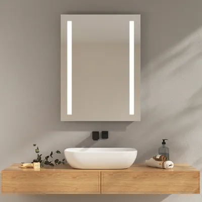 Image de EMKE Miroir de salle de bain avec éclairage LED Lumière blanche froide et chaude, miroir de salle de bain Fonction anti-buée Interrupteur à bouton Miroir mural