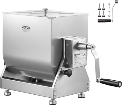 A stainless steel manual meat mixer with a crank handle.