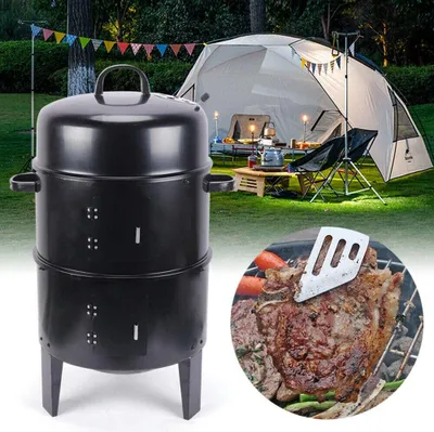 Zdjęcie produktu dla Grill węglowy z termometrem Grill wędzarniczy 3 w 1 Grill wędzarniczy – beczka wędzarnicza Grill kempingowy do ogrodu i na kemping