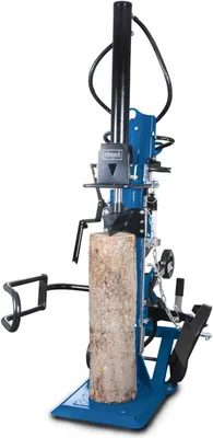 A blue log splitter with a log in place, shown against a white background.