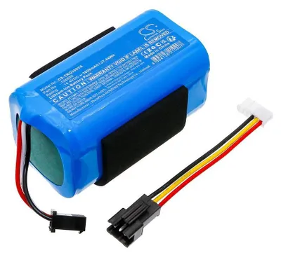 A blue lithium-ion battery pack with attached wires and connectors, shown on a white background.