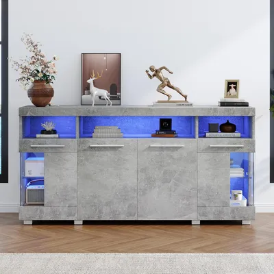 Produktbild von 140*40*70cm Zementfarbener Beistelltisch, Wohnzimmer Hochglanz Seitenschrank mit LED Licht, breites Sideboard