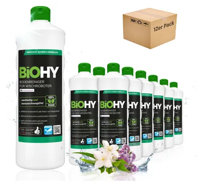 Produktbild von BiOHY Bodenreiniger für Wischroboter mit Frühlingsduft,  Reiniger, Bodenwischpflege, Nicht schäumender Bodenreiniger – 12er Pack (12 x 1 Liter Flasche)