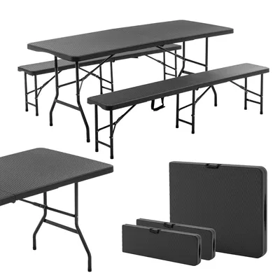 Produktbild von Bierzeltgarnitur klappbar 3-teilig Set Tisch + 2 x Bank Kunststoff Gartengarnitur wetterfest 180 cm Gartenmöbel Set Indoor & Outdoor mit Tragegriff