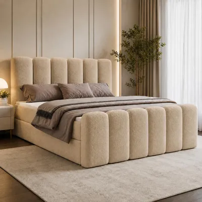 Produktbild von Boxspringbett NOLA 140x200 cm Komplett-Set mit Bettkasten, Bonell-Matratze und Topper, Bouclé Beige