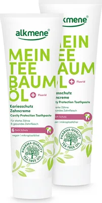 Produktbild von alkmene Mein Teebaumöl Kariesschutz Zahncreme 2x 100 ml mit 6fach Schutz - vegan & klimaneutral - Fluorid Zahnpasta