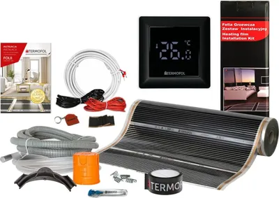 A collection of items for an electric underfloor heating system, including a heating mat, thermostat, wires, and installation accessories, laid out on a white background.