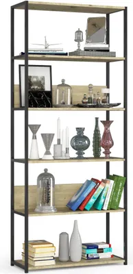 A tall, narrow bookshelf filled with decorative items and books.