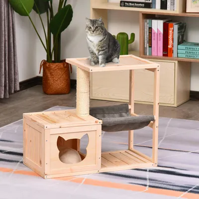 Produktbild von Katzenhaus mit Hängematte, Katzenkiste mit Sisalstamm, Katzenhöhle, Katzenbaum, Katzenaktivitätszentrum, Tannenholz, Natur, 70 x 35 x 60 cm