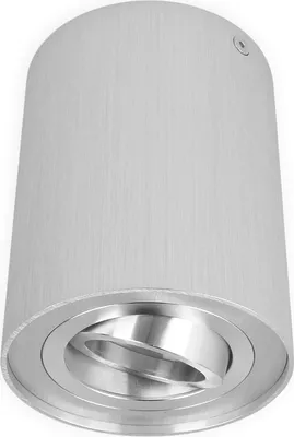 A close-up, angled view of a silver cylindrical LED ceiling light fixture.