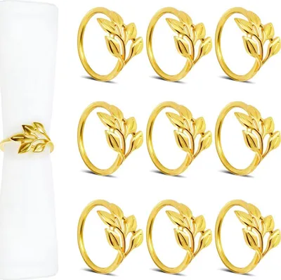 Produktbild von INF Goldene Blatt Serviettenringe, Weidenblatt Serviettenhalter (10er Set) - Zinklegierung