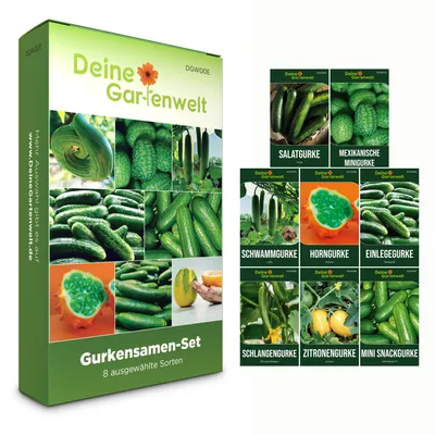 Produktbild von Gurkensamen Set - 8 Sorten Samen - Saatgut Sortiment - Anzuchtset für Gurken - Geschenkset - Salatgurke, Zitronengurke, Mexikanische Minigurke, Schwammgurke, Snackgurke, Schlangengurke, uvm.