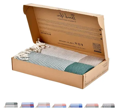 Produktbild von Saunahandtuch Strandtuch Fouta XXL [2er Set] Ideal als Hamamtuch Saunatuch Stranddecke für Damen & Herren - Groß 100x200-100% Baumwolle in Creme & Dunkelgrün