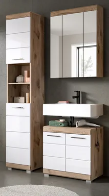 Produktbild von Badmöbel Set "Willow" weiß Hochglanz und Eiche, Badezimmer 112 x 191 cm